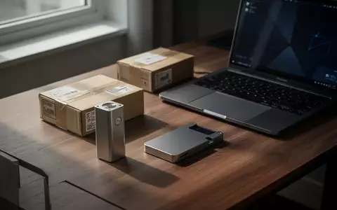 Ein Krypto-Hardware-Wallet und ein Versandkarton auf einem Schreibtisch in einem modern eingerichteten Büro. - Foto: über boerse-global.de