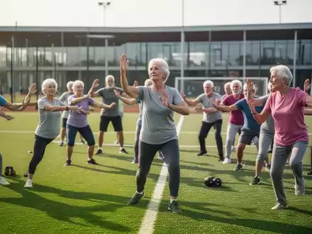 Senioren bei einer angeleiteten Sporteinheit auf einem Sportplatz im Freien. - Foto: über boerse-global.de