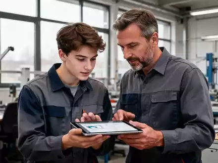 Auszubildender und Mentor betrachten gemeinsam ein Tablet in einem modernen Handwerksbetrieb. - Foto: über boerse-global.de