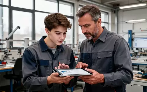 Auszubildender und Mentor betrachten gemeinsam ein Tablet in einem modernen Handwerksbetrieb. - Foto: über boerse-global.de