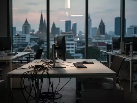 Ein leerer, modern eingerichteter Arbeitsplatz in einem Bürogebäude mit Blick auf das nächtliche Bangkok. - Foto: über boerse-global.de