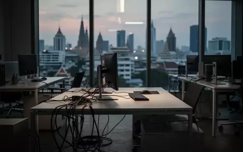 Ein leerer, modern eingerichteter Arbeitsplatz in einem Bürogebäude mit Blick auf das nächtliche Bangkok. - Foto: über boerse-global.de