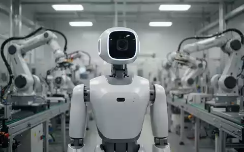 Ein humanoider Roboter mit Sensorkopf steht in einer modernen Industriehalle in einer Fertigungsanlage. - Foto: über boerse-global.de