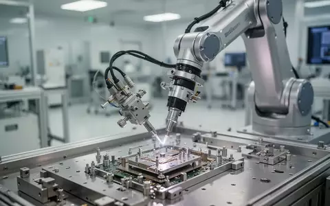 Ein Präzisionsroboterarm bearbeitet ein Bauteil in einer Reinraumumgebung, Symbol für das Wachstum der Industrieautomation. - Foto: über boerse-global.de