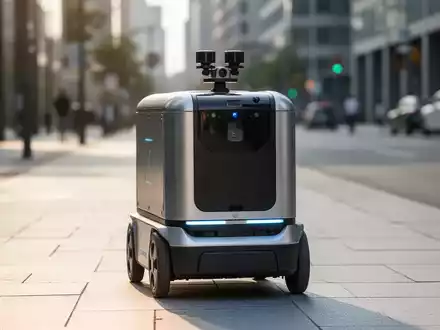 Ein autonomer Lieferroboter fährt auf einem modernen Bürgersteig in einer Stadt bei Tageslicht. - Foto: über boerse-global.de