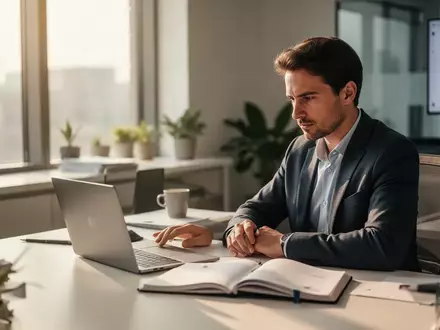 Eine konzentriert arbeitende Person an einem Schreibtisch in einem hellen, modernen Büro. - Foto: über boerse-global.de