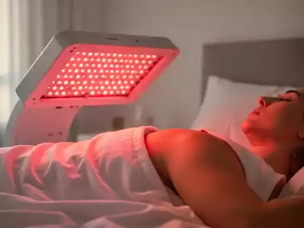 Ein modernes Rotlichttherapiegerät strahlt sanftes rotes Licht in einem minimalistischen, hellen Raum aus. - Foto: über boerse-global.de