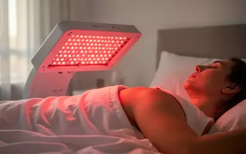 Ein modernes Rotlichttherapiegerät strahlt sanftes rotes Licht in einem minimalistischen, hellen Raum aus. - Foto: über boerse-global.de