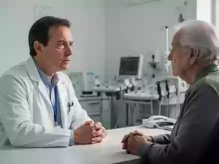 Ein Arzt im Gespräch mit einem älteren Patienten in einem modernen Behandlungszimmer. - Foto: über boerse-global.de