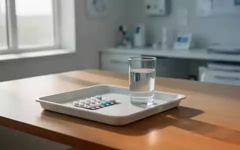 Blisterpackung mit Medikamenten und ein Glas Wasser auf einem medizinischen Behandlungstisch in einer hellen Praxis. - Foto: über boerse-global.de