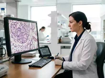 Eine Wissenschaftlerin betrachtet hochauflösende histologische Gewebeaufnahmen an einem modernen Laborbildschirm. - Foto: über boerse-global.de