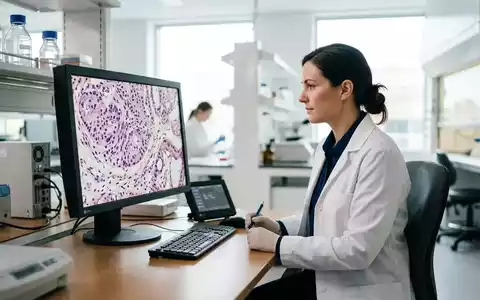 Eine Wissenschaftlerin betrachtet hochauflösende histologische Gewebeaufnahmen an einem modernen Laborbildschirm. - Foto: über boerse-global.de