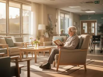 Ein helles, modern eingerichtetes Wohnzimmer in einer ambulanten Pflege-Wohngemeinschaft mit einer pflegebedürftigen Person. - Foto: über boerse-global.de