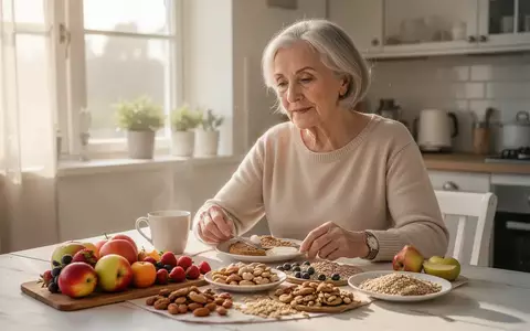 Eine ältere Frau frühstückt gesund in hellem Morgenlicht am Küchentisch. - Foto: über boerse-global.de