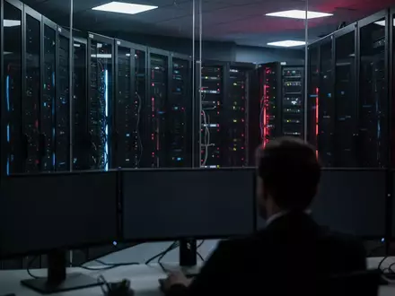 Ein dunkler Serverraum mit blinkenden blauen und roten Statusleuchten und der Umriss eines IT-Sicherheitsexperten. - Foto: über boerse-global.de
