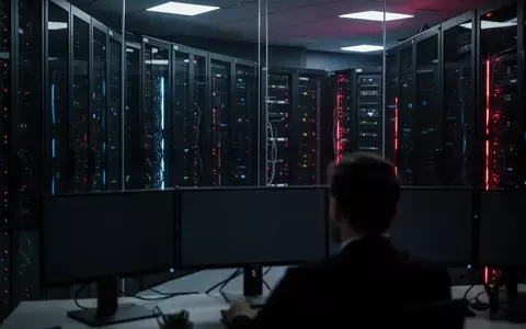 Ein dunkler Serverraum mit blinkenden blauen und roten Statusleuchten und der Umriss eines IT-Sicherheitsexperten. - Foto: über boerse-global.de