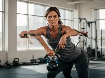 Eine Frau führt konzentriert Krafttraining mit einer Kettlebell in einem hellen, modernen Fitnessraum aus. - Foto: über boerse-global.de