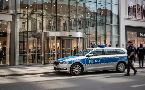 Polizeieinsatz vor dem Eingang eines modernen Einkaufszentrums in Graz bei Tageslicht. - Foto: über boerse-global.de