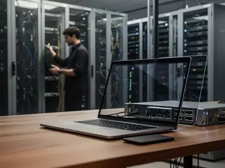 Ein moderner Laptop und technische Hardware auf einem Schreibtisch in einem professionellen IT-Umfeld. - Foto: über boerse-global.de