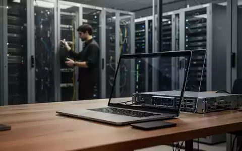 Ein moderner Laptop und technische Hardware auf einem Schreibtisch in einem professionellen IT-Umfeld. - Foto: über boerse-global.de