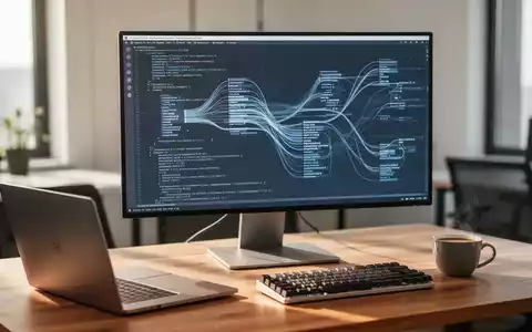 Ein moderner, minimalistischer Arbeitsplatz mit einem Monitor, auf dem komplexe Programmiercodes und Datenstrukturen zu sehen sind. - Foto: über boerse-global.de