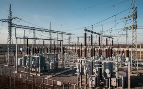 Moderne industrielle Stromumspannanlage mit Transformatoren und Stromleitungen unter blauem Himmel. - Foto: über boerse-global.de
