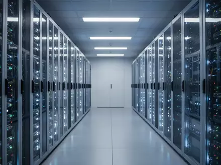 Ein beleuchteter Serverraum mit modernen Computer-Racks in einer professionellen, technologischen Umgebung. - Foto: ĂĽber boerse-global.de