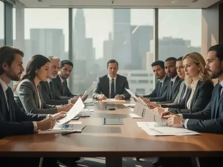 Eine Gruppe von Menschen sitzt in einem modernen Konferenzraum an einem Besprechungstisch und führt ein professionelles Gespräch. - Foto: über boerse-global.de