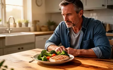 Ein Mann mittleren Alters betrachtet an einem Holztisch eine Mahlzeit mit frischen, unverarbeiteten Lebensmitteln. - Foto: über boerse-global.de