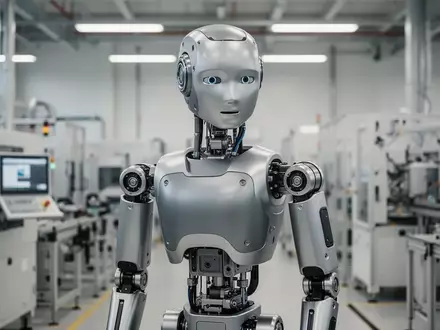 Ein humanoider Roboter steht in einer modernen, hellen Industriehalle vor verschwommenen Fertigungsanlagen. - Foto: über boerse-global.de