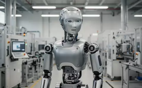 Ein humanoider Roboter steht in einer modernen, hellen Industriehalle vor verschwommenen Fertigungsanlagen. - Foto: über boerse-global.de