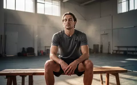 Ein fokussierter Sportler, der in einer minimalistischen Trainingshalle in meditativer Haltung sitzt. - Foto: über boerse-global.de