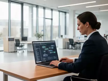 Ein Verwaltungsmitarbeiter arbeitet an einem Laptop in einem modernen, hellen Büro einer deutschen Kommunalverwaltung. - Foto: über boerse-global.de
