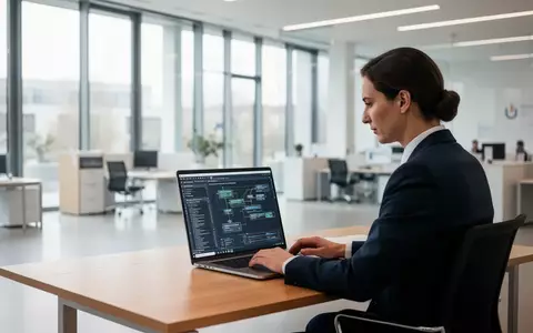 Ein Verwaltungsmitarbeiter arbeitet an einem Laptop in einem modernen, hellen Büro einer deutschen Kommunalverwaltung. - Foto: über boerse-global.de