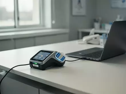 Ein Smartcard-Lesegerät auf einem modernen Schreibtisch in einer Arztpraxis. - Foto: über boerse-global.de