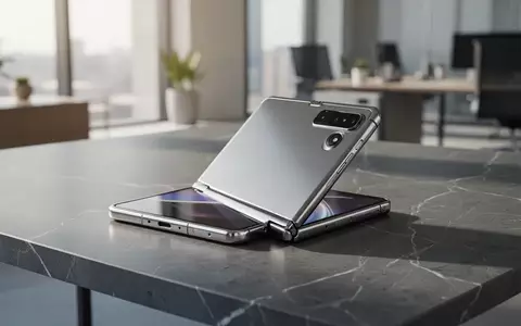 Ein faltbares Smartphone mit Titangehäuse liegt teilweise aufgeklappt auf einem dunklen Marmortisch in einem modernen Büro. - Foto: über boerse-global.de