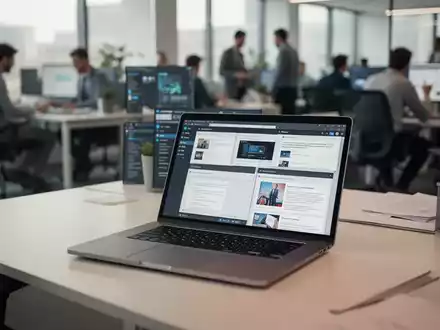 Ein moderner, aufgeräumter Büroarbeitsplatz mit Laptop in einer hellen, professionellen Büroumgebung. - Foto: über boerse-global.de