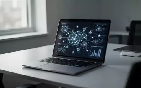 Ein minimalistischer Arbeitsplatz mit einem Laptop, auf dem abstrakte KI-Datenvisualisierungen zu sehen sind. - Foto: über boerse-global.de
