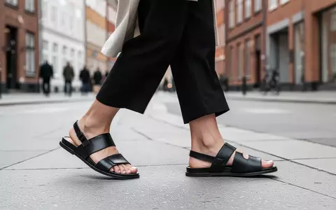 Minimalistische schwarze Sandalen an den Füßen einer Person auf einem gepflasterten Gehweg in Kopenhagen. - Foto: über boerse-global.de