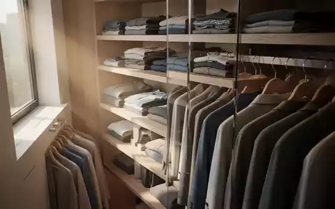 Ein ordentlich eingerichteter, heller Kleiderschrank mit gefalteter Kleidung und Kleiderbügeln in einer minimalistischen Wohnung. - Foto: über boerse-global.de