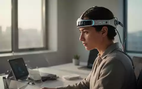 Eine Person trägt ein modernes EEG-Stirnband zur Messung der Gehirnaktivität an einem aufgeräumten Büroarbeitsplatz. - Foto: über boerse-global.de