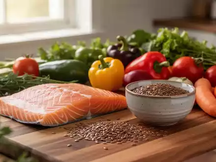 Eine Nahaufnahme von gesunden Lebensmitteln wie Lachs und Leinsamen auf einem Holztisch bei natürlichem Licht. - Foto: über boerse-global.de