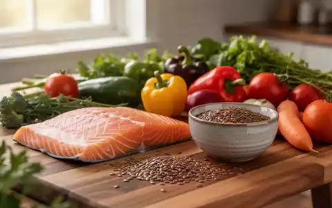 Eine Nahaufnahme von gesunden Lebensmitteln wie Lachs und Leinsamen auf einem Holztisch bei natürlichem Licht. - Foto: über boerse-global.de