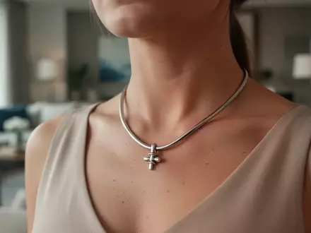 Nahaufnahme einer Person, die eine elegante Akupressurkette zur Stimulation des Vagusnervs am Oberkörper trägt. - Foto: über boerse-global.de