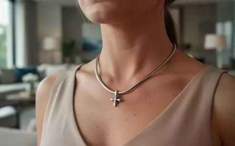 Nahaufnahme einer Person, die eine elegante Akupressurkette zur Stimulation des Vagusnervs am Oberkörper trägt. - Foto: über boerse-global.de
