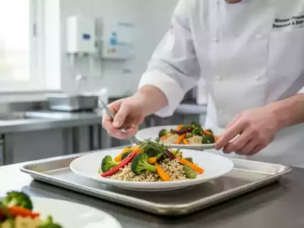 Ein Koch bereitet in einer modernen, hellen Klinikküche eine gesunde, vegetarische Mahlzeit auf einem Tablett zu. - Foto: über boerse-global.de