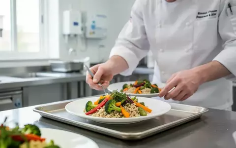 Ein Koch bereitet in einer modernen, hellen Klinikküche eine gesunde, vegetarische Mahlzeit auf einem Tablett zu. - Foto: über boerse-global.de