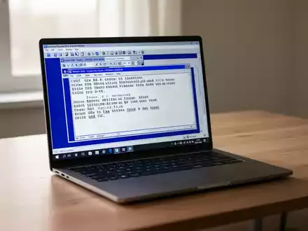 Ein moderner Laptop mit einer klassischen Textverarbeitungsoberfläche im Stil der 1990er Jahre auf einem Schreibtisch. - Foto: über boerse-global.de