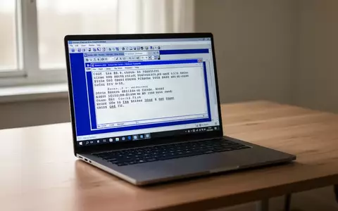 Ein moderner Laptop mit einer klassischen Textverarbeitungsoberfläche im Stil der 1990er Jahre auf einem Schreibtisch. - Foto: über boerse-global.de
