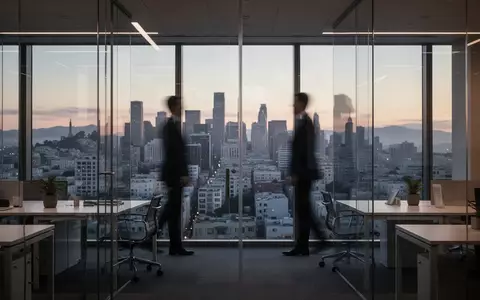 Ein minimalistisches, modernes Büro mit Blick auf die Skyline bei Dämmerung, das die professionelle Atmosphäre eines Technologieunternehmens unterstreicht. - Foto: über boerse-global.de